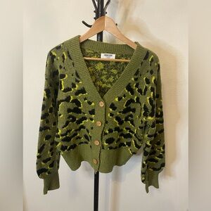 Double Zero - Green Black & Neon Cheetah Print Cardigan. Size medium